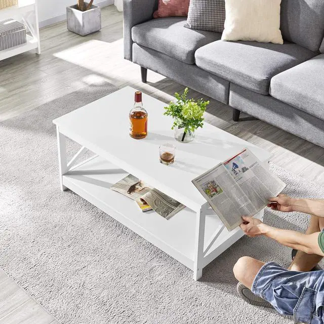 Alt view image 4 of 7 - Yaheetech Simple X-Design Cocktail Coffee Table with Storage Shelf, Farmhouse 2-Tier Center Table for Living Room Office, Sturdy Structure, White