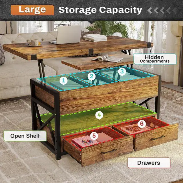 Alt view image 4 of 7 - Itaar 40" Lift Top Coffee Table, 4 in 1 Coffee Tables with Storage for Living Room, Small Farmhouse Coffee Table with 2 Drawers & LED Light for Dining Reception Room, Rustic Brown