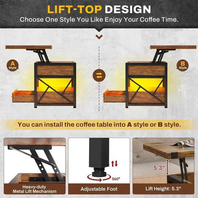 Alt view image 6 of 7 - Itaar 40" Lift Top Coffee Table, 4 in 1 Coffee Tables with Storage for Living Room, Small Farmhouse Coffee Table with 2 Drawers & LED Light for Dining Reception Room, Rustic Brown