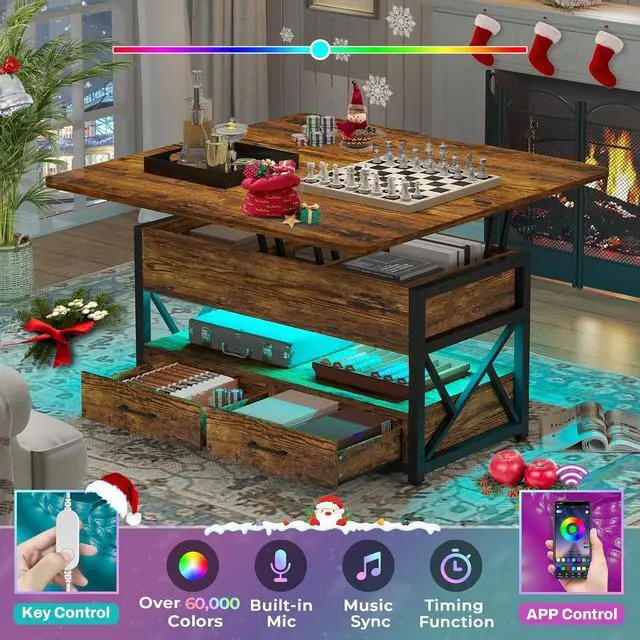 Alt view image 5 of 7 - Itaar 40" Lift Top Coffee Table, 4 in 1 Coffee Tables with Storage for Living Room, Small Farmhouse Coffee Table with 2 Drawers & LED Light for Dining Reception Room, Rustic Brown
