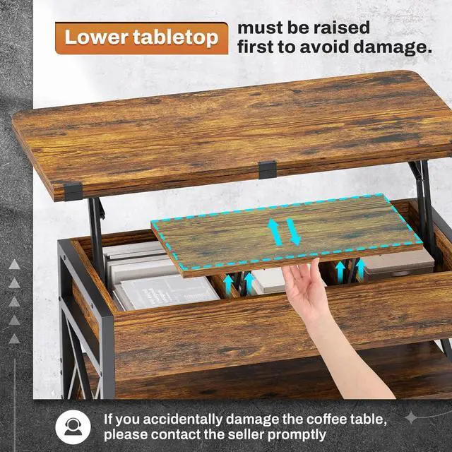 Alt view image 7 of 7 - Itaar 40" Lift Top Coffee Table, 4 in 1 Coffee Tables with Storage for Living Room, Small Farmhouse Coffee Table with 2 Drawers & LED Light for Dining Reception Room, Rustic Brown