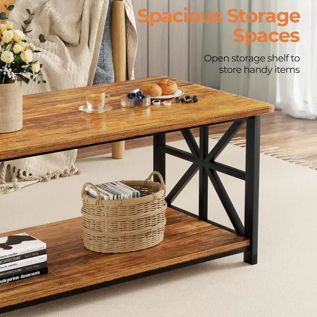 Alt view image 5 of 7 - GreenForest Coffee Table with Round Corner, Farmhouse Center Table with 2-Tier Storage Shelf X-Frame Design for Living Room, 39 inch Walnut