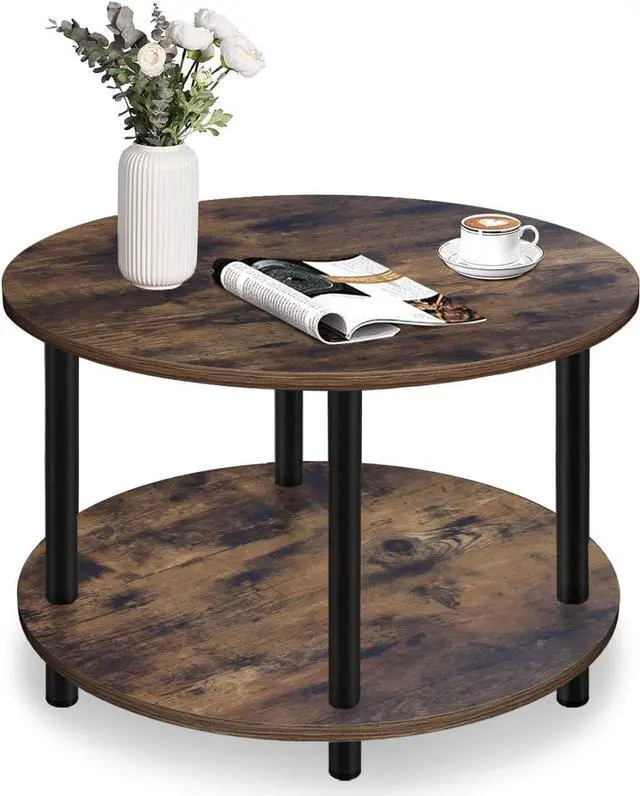 Main image of Vanrohe Small Round Coffee Table for Small Space, 23.5" 2-Tier Rustic Brown Wooden Coffee Table with Open Storage for Living Room/Balcony/Office, Metal Legs, Easy to Assemble