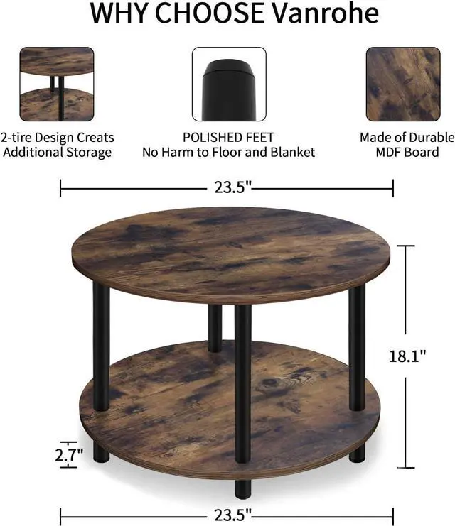 Alt view image 3 of 6 - Vanrohe Small Round Coffee Table for Small Space, 23.5" 2-Tier Rustic Brown Wooden Coffee Table with Open Storage for Living Room/Balcony/Office, Metal Legs, Easy to Assemble