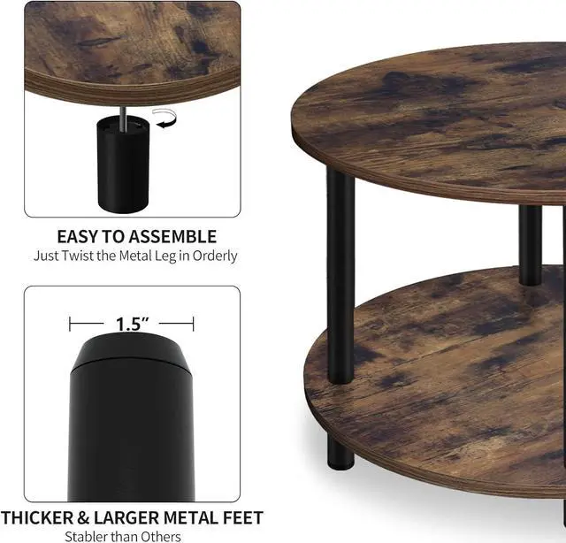 Alt view image 4 of 6 - Vanrohe Small Round Coffee Table for Small Space, 23.5" 2-Tier Rustic Brown Wooden Coffee Table with Open Storage for Living Room/Balcony/Office, Metal Legs, Easy to Assemble