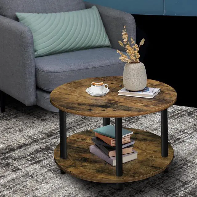 Alt view image 5 of 6 - Vanrohe Small Round Coffee Table for Small Space, 23.5" 2-Tier Rustic Brown Wooden Coffee Table with Open Storage for Living Room/Balcony/Office, Metal Legs, Easy to Assemble