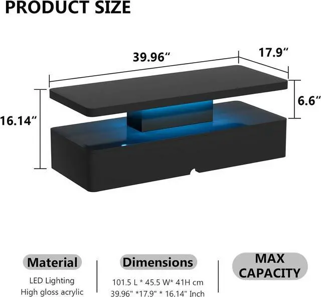 Alt view image 2 of 7 - oneinmil Modern Stylish Coffee Table with 16 Colors LED Lights, Double-Layer Design for Living Room, Black