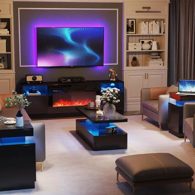 Alt view image 3 of 7 - oneinmil Modern Stylish Coffee Table with 16 Colors LED Lights, Double-Layer Design for Living Room, Black