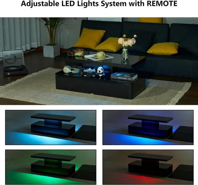 Alt view image 5 of 7 - oneinmil Modern Stylish Coffee Table with 16 Colors LED Lights, Double-Layer Design for Living Room, Black