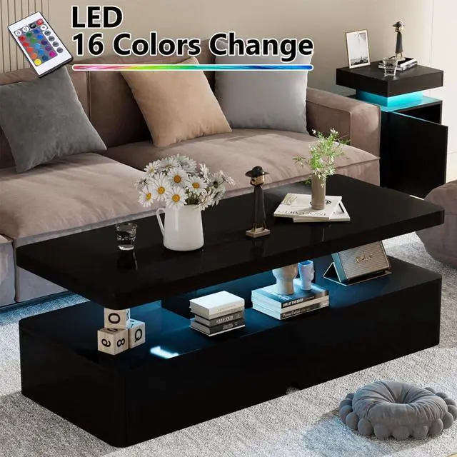 Alt view image 4 of 7 - oneinmil Modern Stylish Coffee Table with 16 Colors LED Lights, Double-Layer Design for Living Room, Black