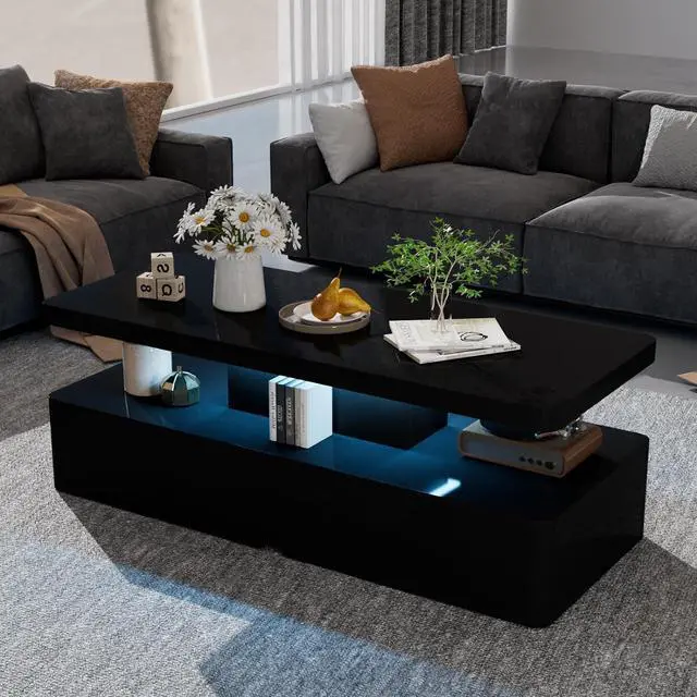 Alt view image 6 of 7 - oneinmil Modern Stylish Coffee Table with 16 Colors LED Lights, Double-Layer Design for Living Room, Black
