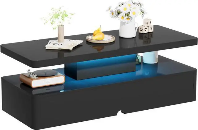 Alt view image 7 of 7 - oneinmil Modern Stylish Coffee Table with 16 Colors LED Lights, Double-Layer Design for Living Room, Black