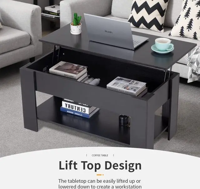 Alt view image 4 of 7 - FDW Lift Top Coffee Table with Hidden Compartment and Storage Shelf Wooden Lift Tabletop for Home Living Room Reception Room Office (Black)