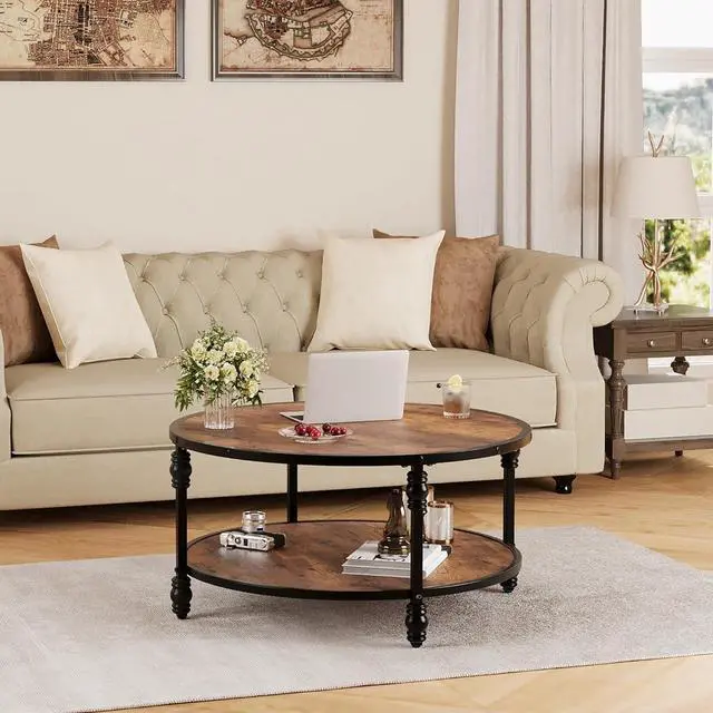 Alt view image 4 of 7 - GAOMON Round Coffee Table Living Room 34.25in Rustic Circle Center Table with Storage Shelf 2-Tier Modern Wood Coffee Table, Easy Assembly(Brown)