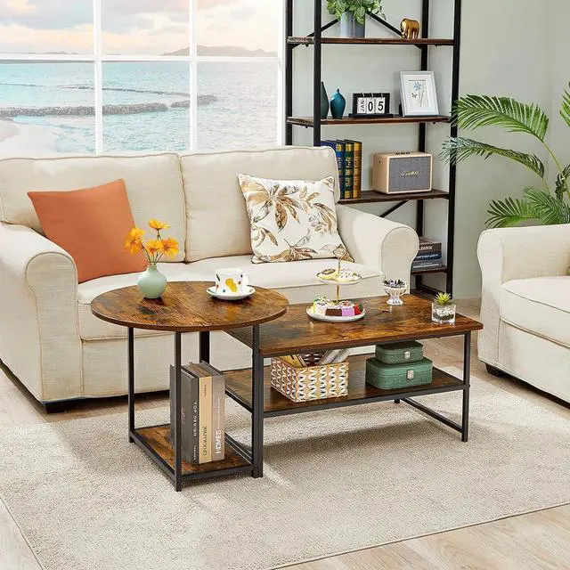Alt view image 2 of 7 - WOHOMO Coffee Table, Mid Century Modern Coffee Table for Living Room Rustic Farmhouse Center Table 2 in 1Detachable Table Set, Rustic Brown