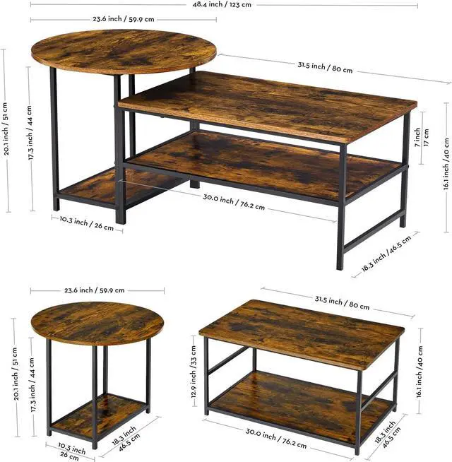 Alt view image 3 of 7 - WOHOMO Coffee Table, Mid Century Modern Coffee Table for Living Room Rustic Farmhouse Center Table 2 in 1Detachable Table Set, Rustic Brown
