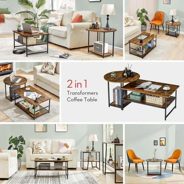 Alt view image 5 of 7 - WOHOMO Coffee Table, Mid Century Modern Coffee Table for Living Room Rustic Farmhouse Center Table 2 in 1Detachable Table Set, Rustic Brown