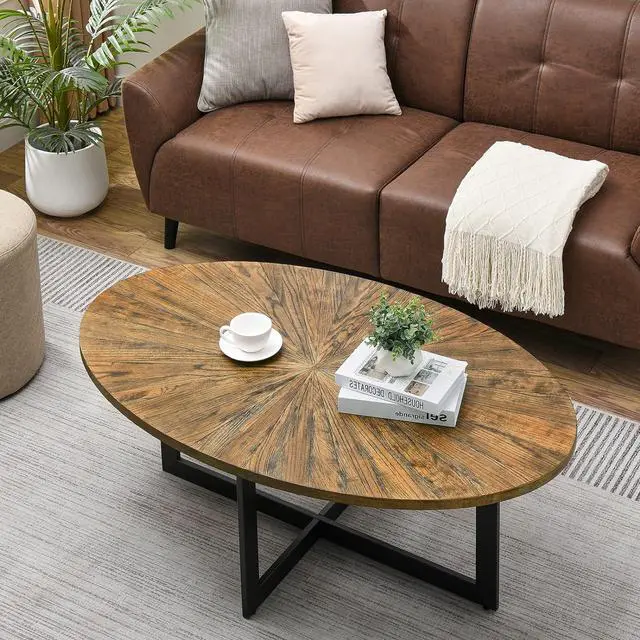 Main image of JESONVID Solid Wood Oval Coffee Table with Cross Metal Legs, 47.9" Industrail Bar Cocktail Table for Living Room Kitchen Office Sofa Table Bristro Table for Cafe/Bar Rustic Brown 1831