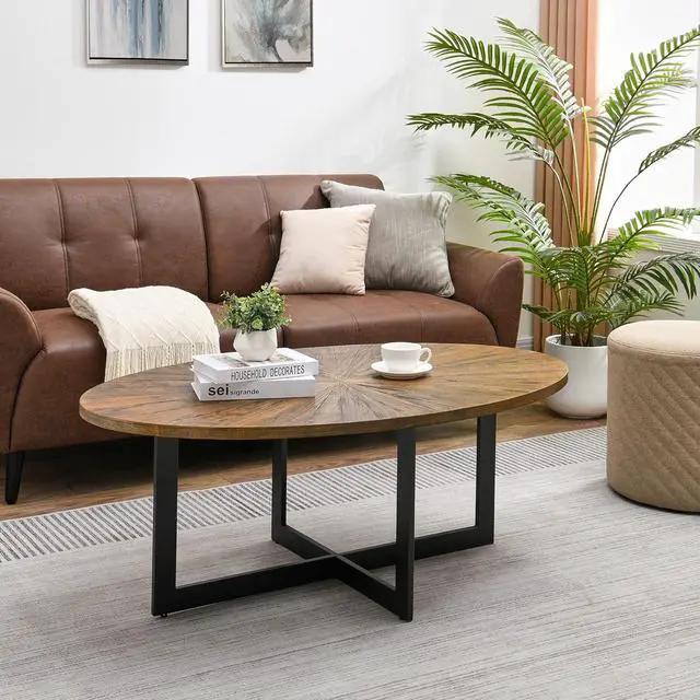 Alt view image 2 of 7 - JESONVID Solid Wood Oval Coffee Table with Cross Metal Legs, 47.9" Industrail Bar Cocktail Table for Living Room Kitchen Office Sofa Table Bristro Table for Cafe/Bar Rustic Brown 1831