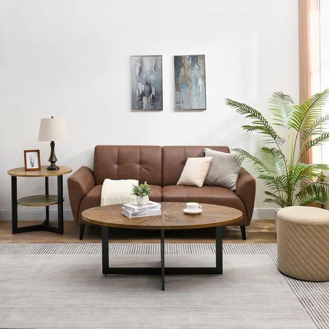 Alt view image 4 of 7 - JESONVID Solid Wood Oval Coffee Table with Cross Metal Legs, 47.9" Industrail Bar Cocktail Table for Living Room Kitchen Office Sofa Table Bristro Table for Cafe/Bar Rustic Brown 1831