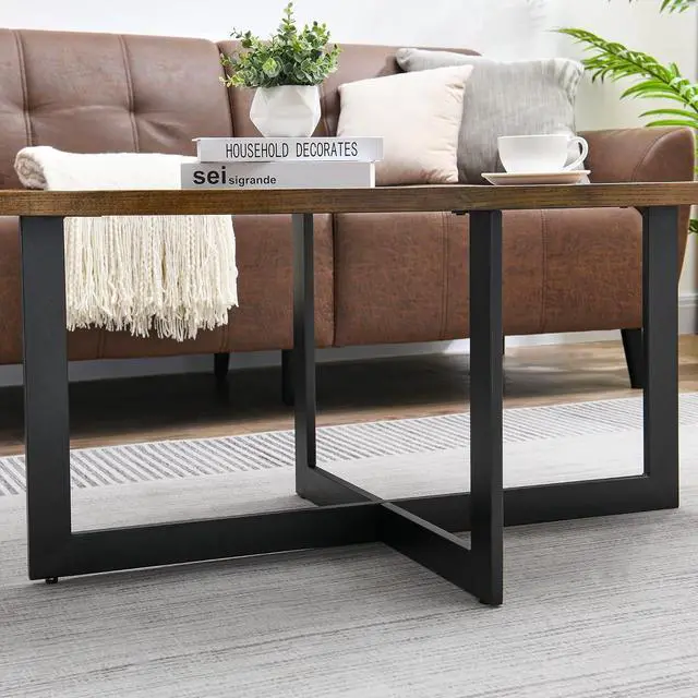 Alt view image 7 of 7 - JESONVID Solid Wood Oval Coffee Table with Cross Metal Legs, 47.9" Industrail Bar Cocktail Table for Living Room Kitchen Office Sofa Table Bristro Table for Cafe/Bar Rustic Brown 1831