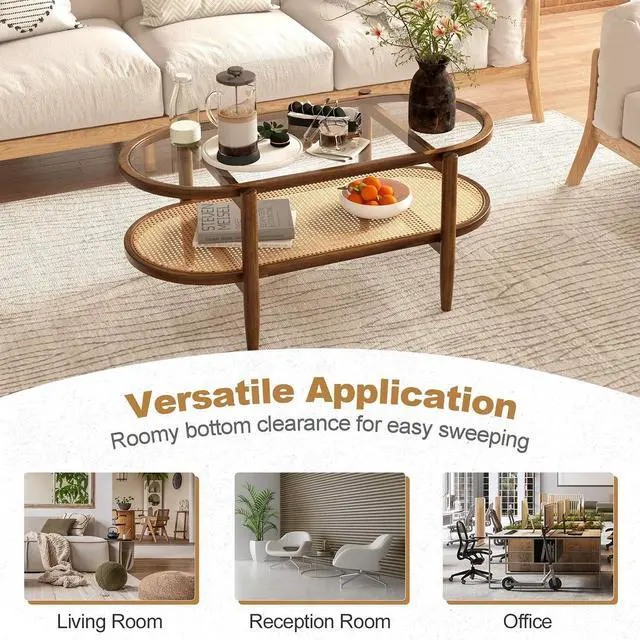 Alt view image 5 of 7 - GIANTEX Rattan Coffee Table, 40" Wood Oval Center Table, Brown