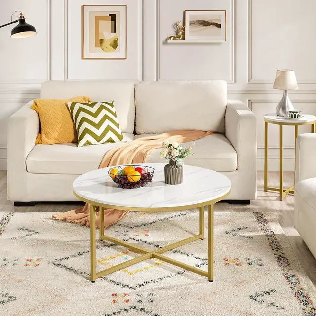 Alt view image 3 of 7 - Yaheetech Faux Marble Coffee Table, 35.5in Round Coffee Table with Metal Legs for Living Room, Modern Center Table for Home & Office, White and Gold
