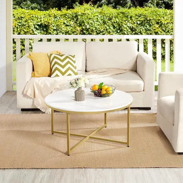 Alt view image 4 of 7 - Yaheetech Faux Marble Coffee Table, 35.5in Round Coffee Table with Metal Legs for Living Room, Modern Center Table for Home & Office, White and Gold