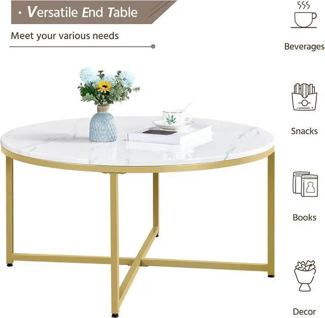 Alt view image 5 of 7 - Yaheetech Faux Marble Coffee Table, 35.5in Round Coffee Table with Metal Legs for Living Room, Modern Center Table for Home & Office, White and Gold