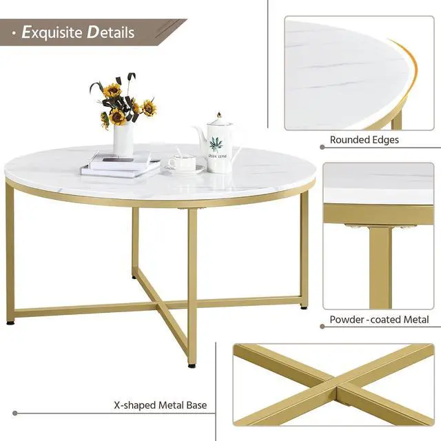 Alt view image 6 of 7 - Yaheetech Faux Marble Coffee Table, 35.5in Round Coffee Table with Metal Legs for Living Room, Modern Center Table for Home & Office, White and Gold