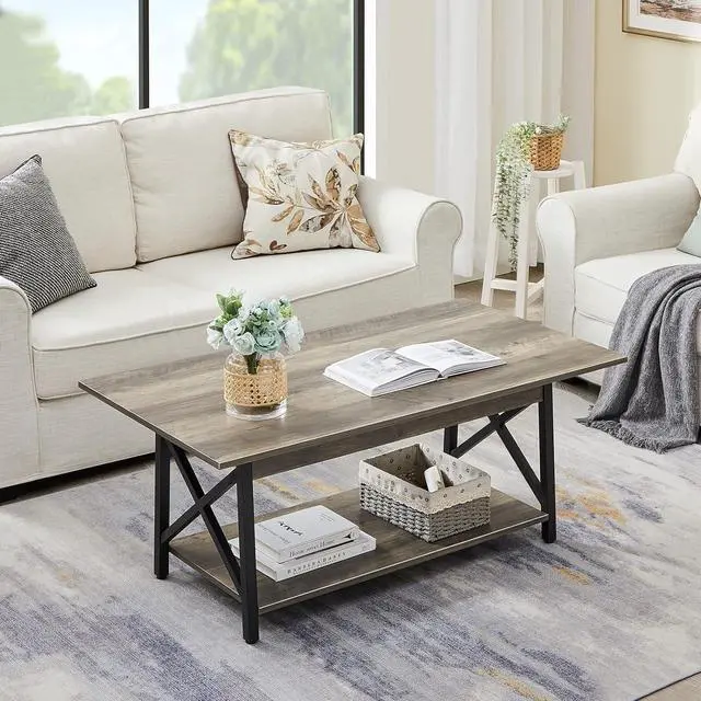 Alt view image 2 of 7 - GreenForest Coffee Table Large 43.3 x 23.6 inch Rustic Farmhouse with Storage Shelf for Living Room, Easy Assembly, Gray WASH