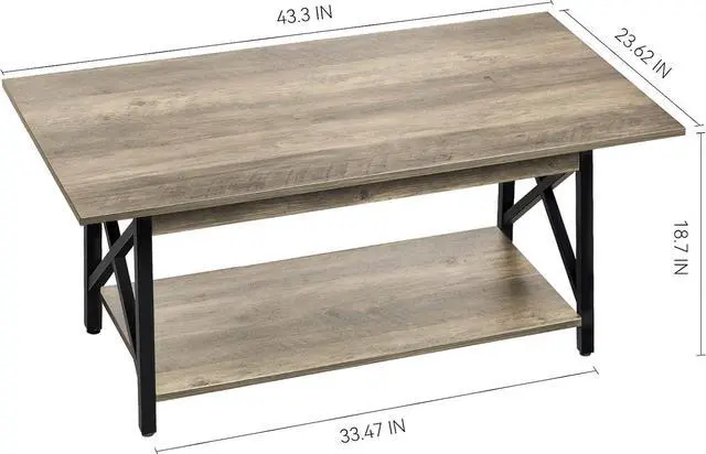 Alt view image 3 of 7 - GreenForest Coffee Table Large 43.3 x 23.6 inch Rustic Farmhouse with Storage Shelf for Living Room, Easy Assembly, Gray WASH