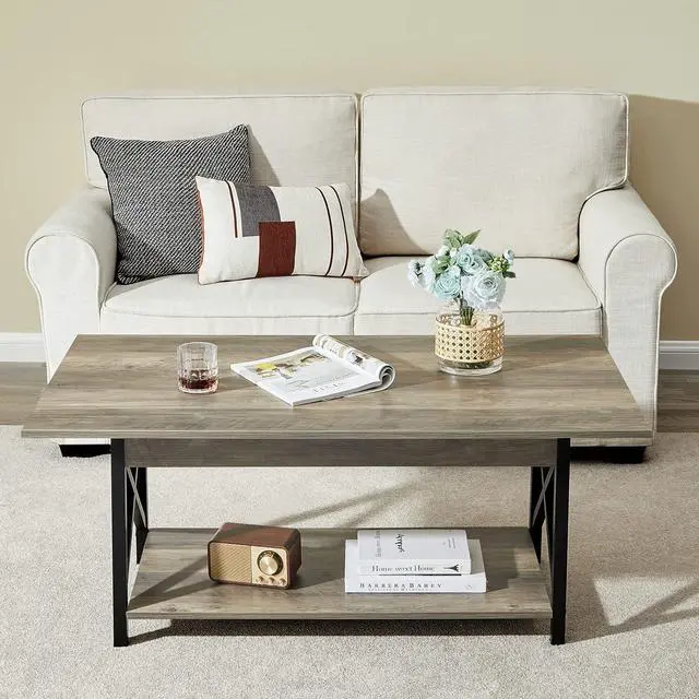 Alt view image 5 of 7 - GreenForest Coffee Table Large 43.3 x 23.6 inch Rustic Farmhouse with Storage Shelf for Living Room, Easy Assembly, Gray WASH