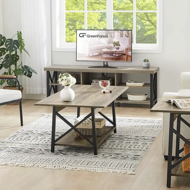 Alt view image 7 of 7 - GreenForest Coffee Table Large 43.3 x 23.6 inch Rustic Farmhouse with Storage Shelf for Living Room, Easy Assembly, Gray WASH