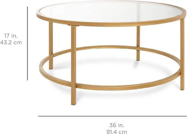 Alt view image 2 of 7 - Best Choice Products 36in Modern Round Tempered Glass Accent Side Coffee Table for Living Room, Dining Room, Tea, Home Décor w/Satin Trim, Metal Frame, Non-Marring Foot Caps - Bronze Gold
