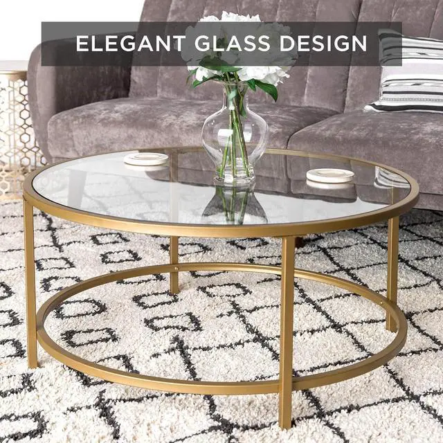 Alt view image 3 of 7 - Best Choice Products 36in Modern Round Tempered Glass Accent Side Coffee Table for Living Room, Dining Room, Tea, Home Décor w/Satin Trim, Metal Frame, Non-Marring Foot Caps - Bronze Gold