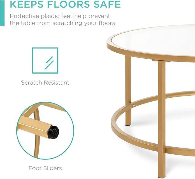 Alt view image 5 of 7 - Best Choice Products 36in Modern Round Tempered Glass Accent Side Coffee Table for Living Room, Dining Room, Tea, Home Décor w/Satin Trim, Metal Frame, Non-Marring Foot Caps - Bronze Gold