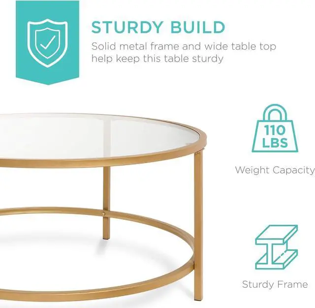 Alt view image 6 of 7 - Best Choice Products 36in Modern Round Tempered Glass Accent Side Coffee Table for Living Room, Dining Room, Tea, Home Décor w/Satin Trim, Metal Frame, Non-Marring Foot Caps - Bronze Gold