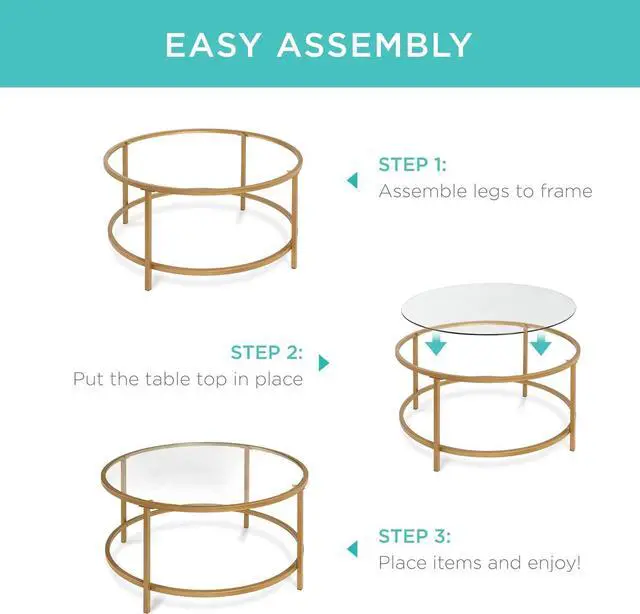 Alt view image 7 of 7 - Best Choice Products 36in Modern Round Tempered Glass Accent Side Coffee Table for Living Room, Dining Room, Tea, Home Décor w/Satin Trim, Metal Frame, Non-Marring Foot Caps - Bronze Gold
