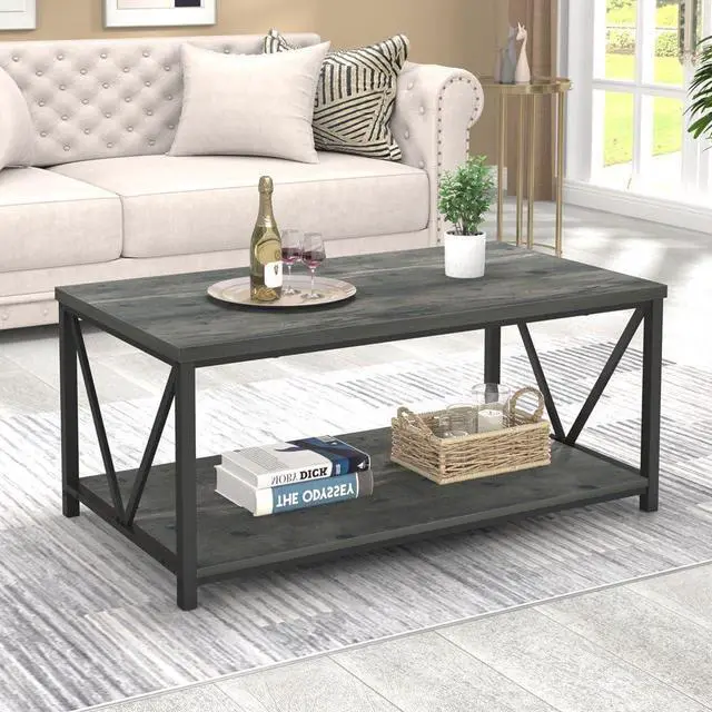 Alt view image 3 of 7 - EXCEFUR Coffee Table, Rustic Wood and Metal Center Table for Living Room, 39.3 Inch Grey