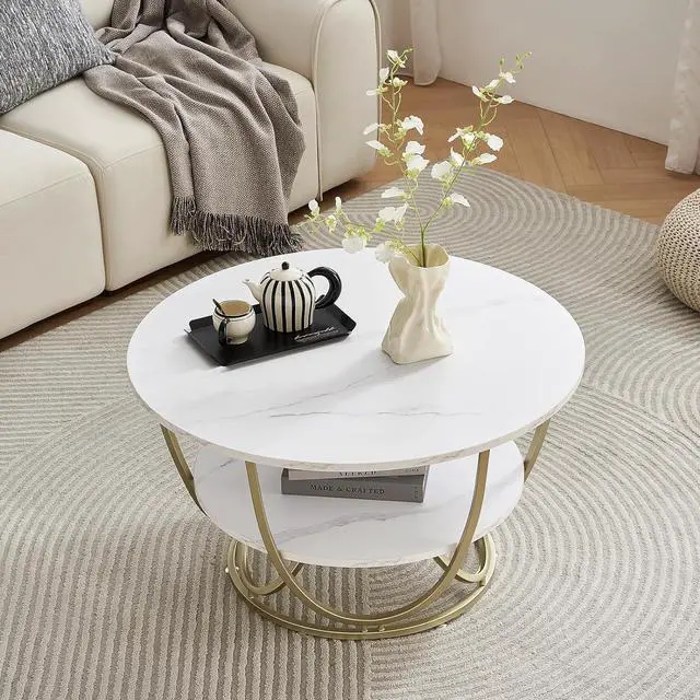 Alt view image 4 of 7 - Elephance Round Coffee Table with Storage, 30 Inch Modern Coffee Table for Living Room,Wooden Tabletop-Marble White Print with Gold Frame
