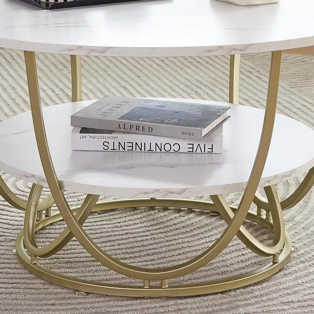 Alt view image 5 of 7 - Elephance Round Coffee Table with Storage, 30 Inch Modern Coffee Table for Living Room,Wooden Tabletop-Marble White Print with Gold Frame