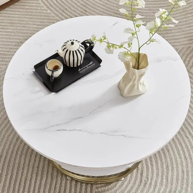 Alt view image 3 of 7 - Elephance Round Coffee Table with Storage, 30 Inch Modern Coffee Table for Living Room,Wooden Tabletop-Marble White Print with Gold Frame