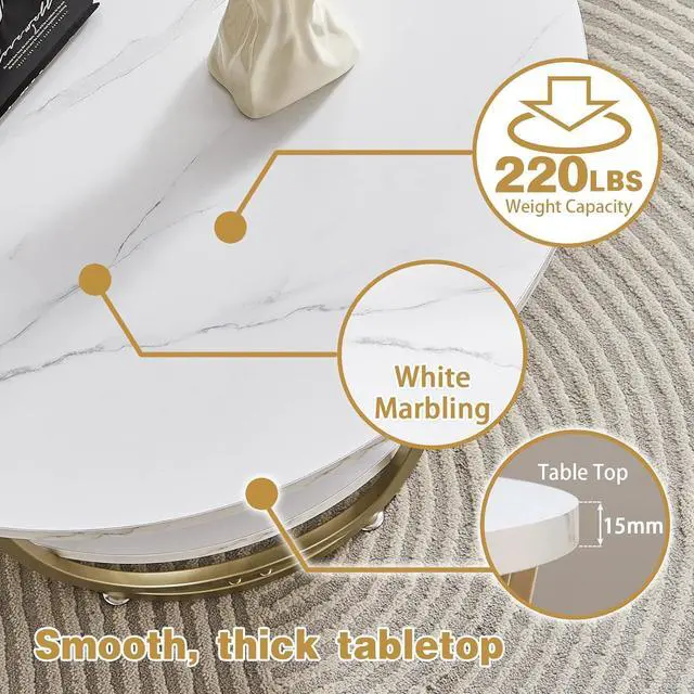 Alt view image 6 of 7 - Elephance Round Coffee Table with Storage, 30 Inch Modern Coffee Table for Living Room,Wooden Tabletop-Marble White Print with Gold Frame