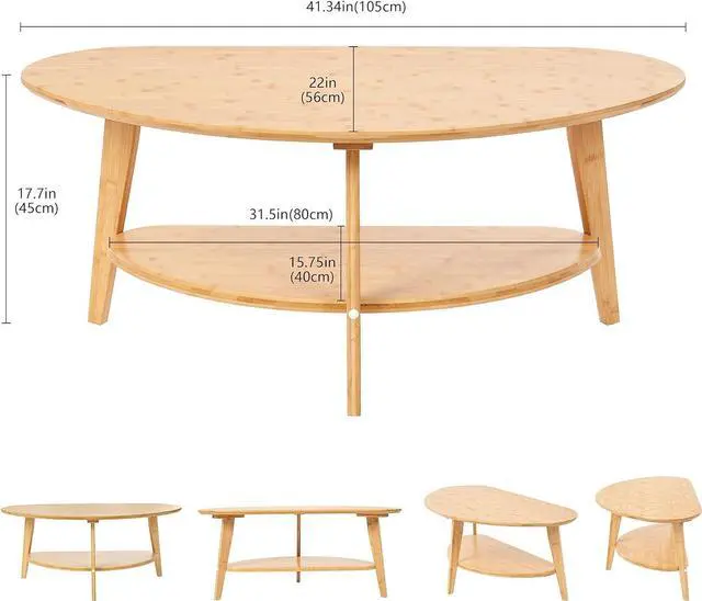 Alt view image 2 of 7 - NAVREX Large Double-Layer Oval Coffee Table with Storage Shelf in Mid Century Modern Style for Living Room or Bedroom, Triangle Aesthetic Eco-Friendly Coffee Table (Bamboo)