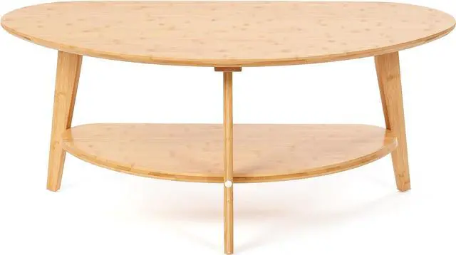 Alt view image 3 of 7 - NAVREX Large Double-Layer Oval Coffee Table with Storage Shelf in Mid Century Modern Style for Living Room or Bedroom, Triangle Aesthetic Eco-Friendly Coffee Table (Bamboo)