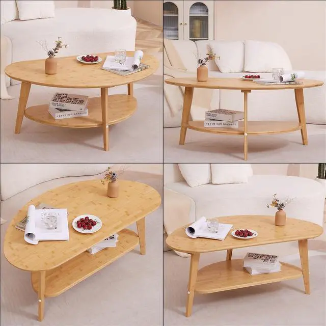 Alt view image 5 of 7 - NAVREX Large Double-Layer Oval Coffee Table with Storage Shelf in Mid Century Modern Style for Living Room or Bedroom, Triangle Aesthetic Eco-Friendly Coffee Table (Bamboo)
