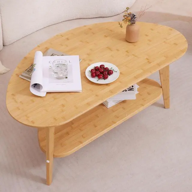 Alt view image 4 of 7 - NAVREX Large Double-Layer Oval Coffee Table with Storage Shelf in Mid Century Modern Style for Living Room or Bedroom, Triangle Aesthetic Eco-Friendly Coffee Table (Bamboo)