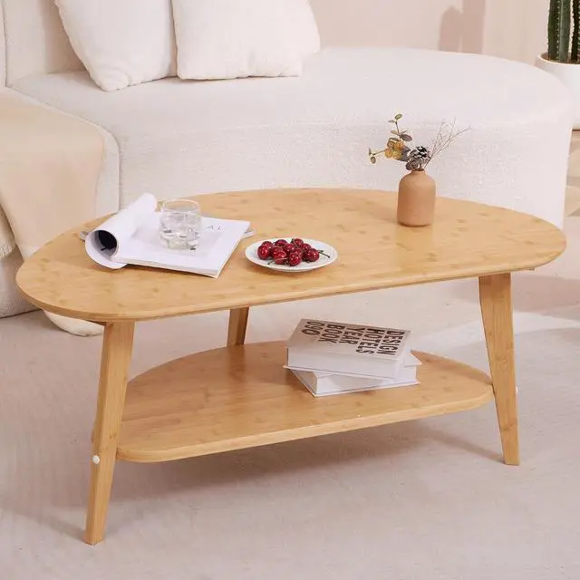 Alt view image 6 of 7 - NAVREX Large Double-Layer Oval Coffee Table with Storage Shelf in Mid Century Modern Style for Living Room or Bedroom, Triangle Aesthetic Eco-Friendly Coffee Table (Bamboo)