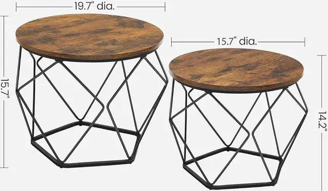 Alt view image 3 of 7 - VASAGLE Small Coffee Table Set of 2, Round Coffee Table with Steel Frame, Side End Table for Living Room, Bedroom, Office, Rustic Brown and Black